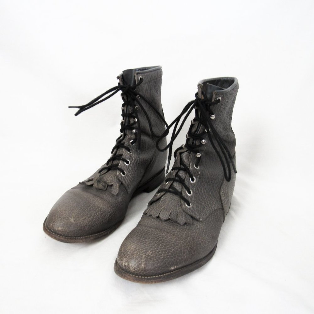 VINTAGE 1980s Justins Pebbled Leather Lace up Boots Cowboy Western-10.5 D Mens - Picture 4 of 15